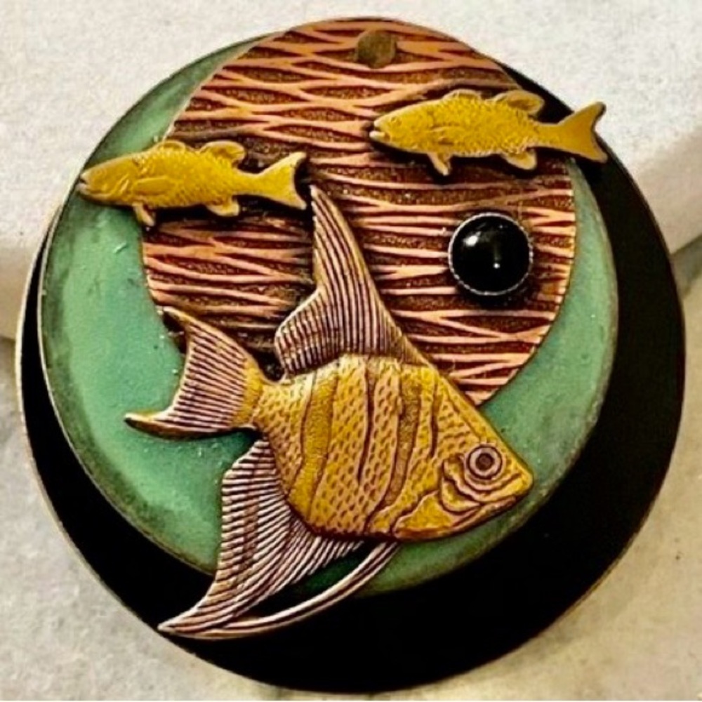 Vintage Artisan Brooch modernist Koi & Trout Fish on acrylic brass Copper 1.75”
